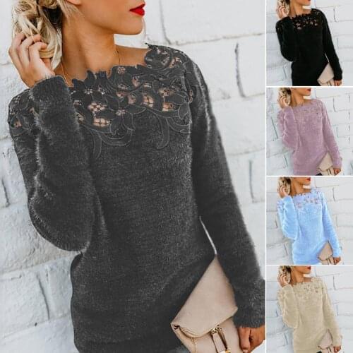 2020 Women Solid Color Long Sleeve O Neck Floral Lace Pullover Plus Size Sweater Womens Clothing свитер женский pull femme
