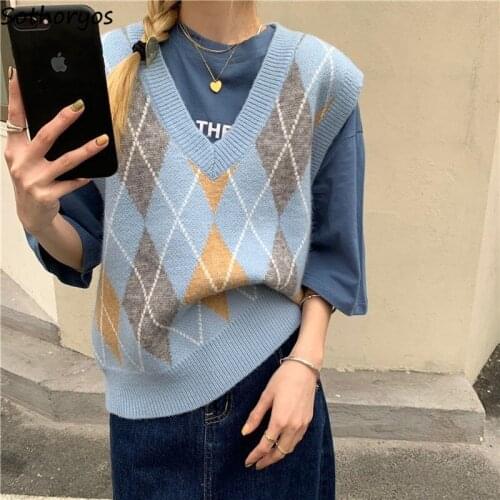 Women Sweater Vests V-neck Preppy Style Students Fashionable Argyle Classic Loose Casual Retro Temperament Jumpers Streetwear