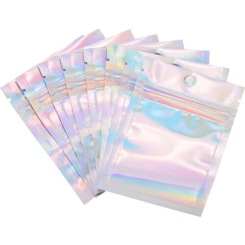 100pcs Holographic Silver Rainbow Laser Foil Heat Seal Zip Lock Pouch Bags Aluminum Foil Storage Sealing Bags