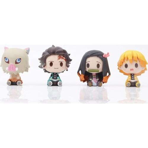 4pcs/set Anime Demon Slayer 3D Figure Model Creative Kawaii Kamado Tanjirou Nezuko Zenitsu Inosuke Toys Character Sit down model