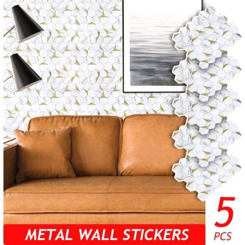5PCS Metal Marble Wall Stickers Panel for Kitchen Bathroom Home Decor Self-adhesive Waterproof Fireproof Aluminum/Marble/PVC