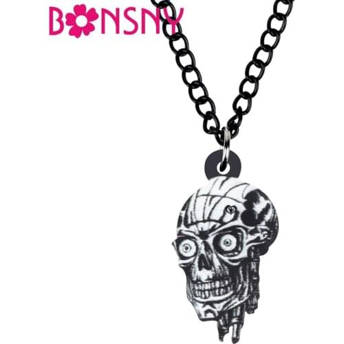 Bonsny Acrylic Halloween Horrible Skull Necklace Pendant Chain Collar Jewelry For Women Teens Friends Charms Gifts Accessories
