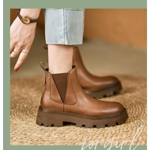2021 Autumn and Winter New Genuine Leather French Short Boots Thick-soled Chelsea Boots Fashion Boots Single Boots Womens Boots