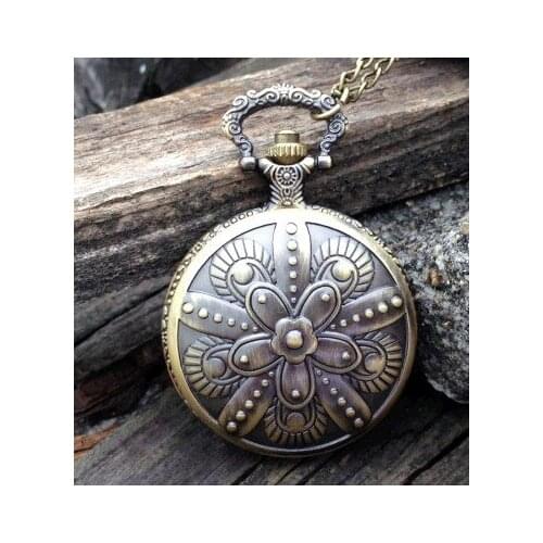 Bronze Antique Vintage bronze flowers Pendant Necklace Quartz Steampunk Pocket Watch low price