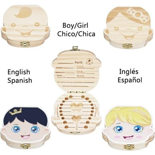 Wooden baby Tooth box Organizer Save Deciduous teeth box Milk Teeth Storage organizer Collect English Spanish Free Shipping