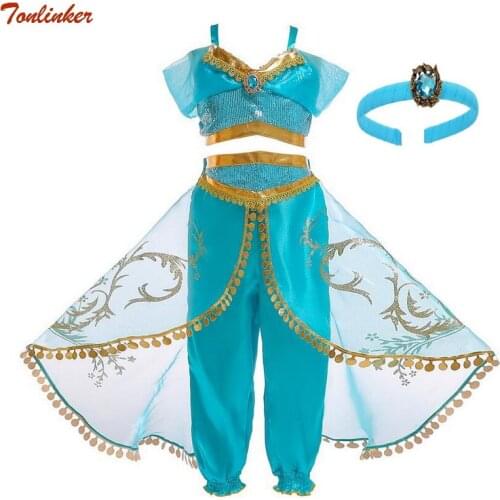 Kids Girls Princess Jasmine Costumes For Children Party Belly Dance Dress Indian Costume Halloween Christmas Party Cosplay 3-10T