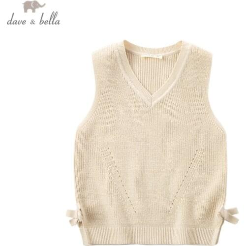 DKY17163 dave bella spring kids girls 5Y-13Y fashion bow solid knitted coat children fashion sleeveless vest