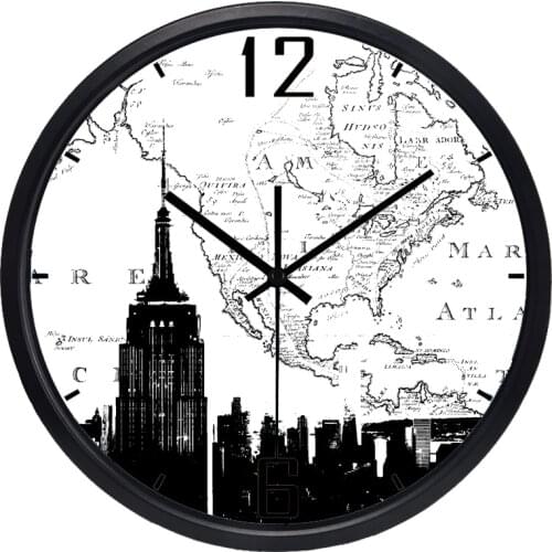 Map New York Empire State Building Hotel Lobby Study gift Wall Clock Silent Retro Creative European Style Round Wall Clock