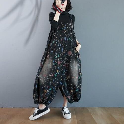 Fashion Oil Painting Women Loose Jumpsuits Strap Casual Loose Low Crotch Pants Bleached Jeans Denim Overalls Rompers Pockets
