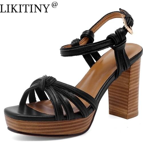 LIKITINY 2021 Summer Chunky heels genuine leather Sandals Fashion Buckle strap Retro Womens shoes brown platform sandals 33