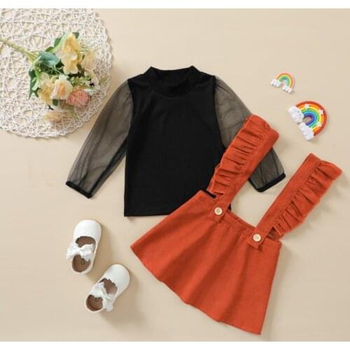 Fashion Kids Girls Outfits Mesh Sheer Long Sleeves Stitching T-Shirt Ruffled Suspenders Skirt Girls Childrens Sets 2pcs