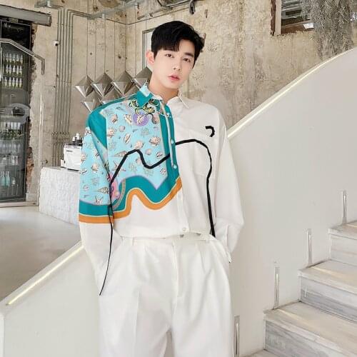 Mens Long Sleeve Sense of Luxury Irregular Loose Casual Shirt Printed Long Sleeve C16