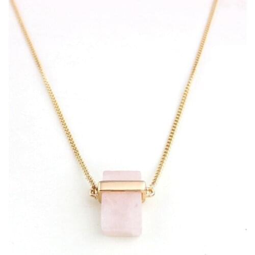 Trendy Light Yellow Gold Color Rectangle Shape Rose Pink Quartz Pendant Blue-vein Stone Necklace Fashion Jewelry