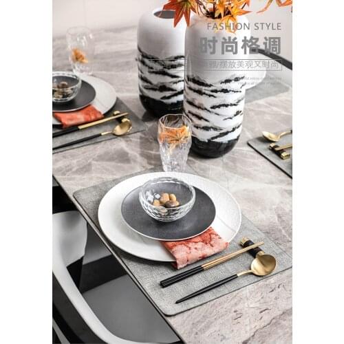 Luxtry Tableware Set Modern Gray Leather Texture 8 Inch Ceramic Plate Crystal Bowl Tableware For High End Private Hotel Clubs
