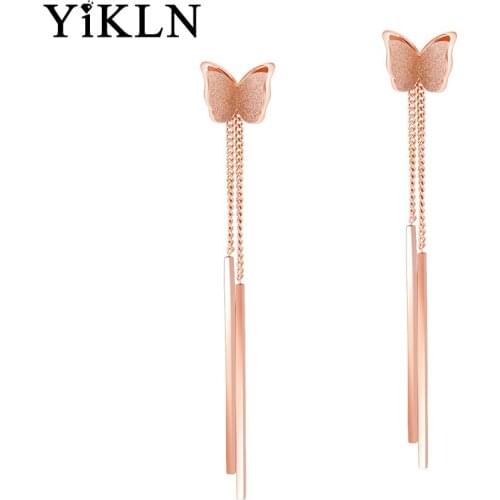 YiKLN Retro Geometric Frosted Double Butterfly Drop Earrings For Women Titanium Steel Rose Gold Tassel Earrings Jewelry YE17118