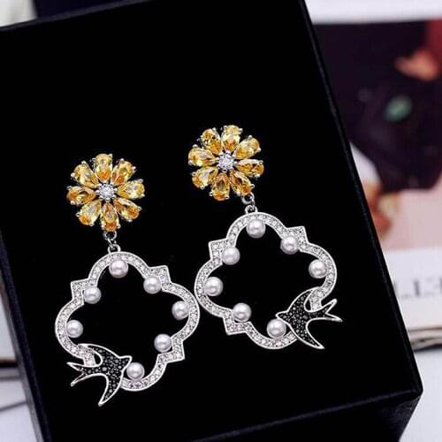 High Quality Flower Bird Pearl Earring Yellow Black Cubic Zirconia Drop Dangle Earrings Women Accessories Fashion Jewelry YEA078