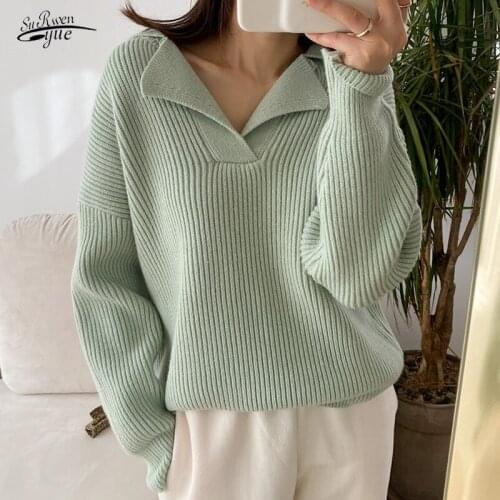 Pullover Sweaters White Casual Chic Loose Turn-down Collar Women Knitted Jumpers 2021 Autumn New Full Sleeve Female Solid 16647
