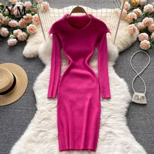 YuooMuoo Streetwear Pure Knitting Full Sleeve Scarf Collar Winter Dress Women‘s Casual Wear Black Basic Bodycon Dress Vestidos