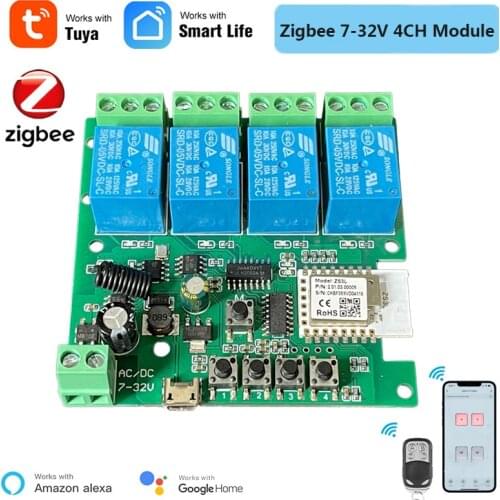Tuya 4CH Zigbee Smart Light Switch Module DC 5/12/32V RF433 Receive 10A Relay Work With Alexa Google Assistant Smart Life Remote