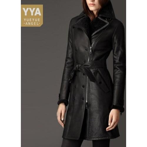 Winter Real Wool Fur Liner Sheepskin Coat Double Faced Fur Sheep Shearing Tops Office Ladies Double Breasted Real Leather Jacket