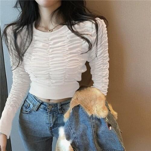 Sexy Party Club Summer Womens Clothing 2021 Solid Color O-neck T-shirt Y2K Short Zipper Pleated Top Womens Fashion Streetwear