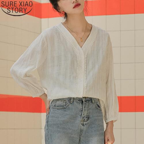 Women Cotton Shirt White Ladies Tops Vintage Long Sleeve Shirt and Blouse V-neck Hollow Out Loose Shirts Casual Blusas 10956