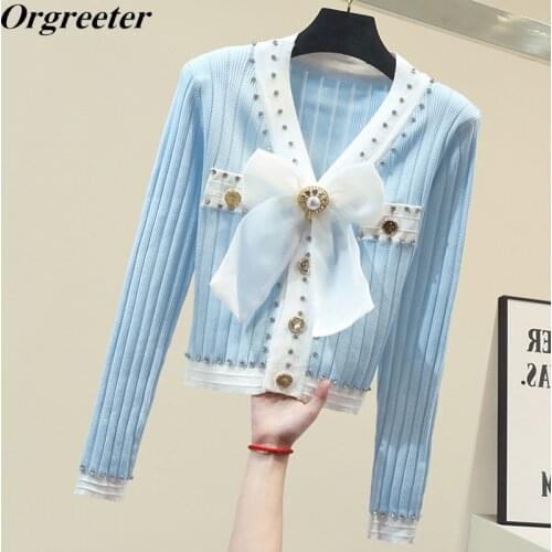 New Fashion Sweet Diamond Bow Women Single Breasted knitted Pullover Tops Femme Sexy V-Neck Long Sleeve Beading Knit Sweater