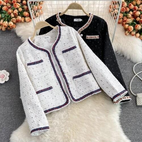 2021 New Autumn Jacket Retro Tweed Short Jacket Womens Temperament Round Neck Loose Cardigan Button Jacket Female