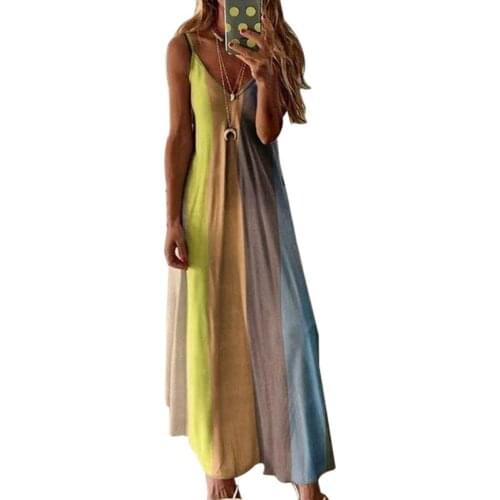 Women Spaghetti Strap Maxi Sling Dress Tie-Dye Stripes V-Neck Flowy Sundress 5XL Y1QD