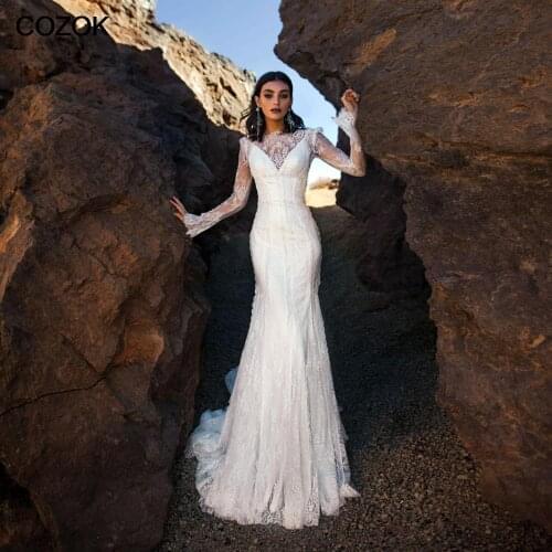 White Mermaid Lace Wedding Dresses 2021 Scoop Neckline Backless Bridal Gown Court Train Long Sleeves Vestido De Novia