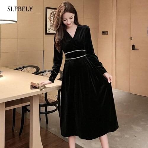 SLPBELY Hepburn Black Velvet Dress For Women Autumn Elegant V Neck Long Sleeve Midi Dress Office Ladies Party Dress 2021 New