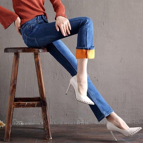 Winter Warm Velvet Bell flared Jeans high waist jeans Pants ladies boot leg jeans Skinny Stretch Flared trousers
