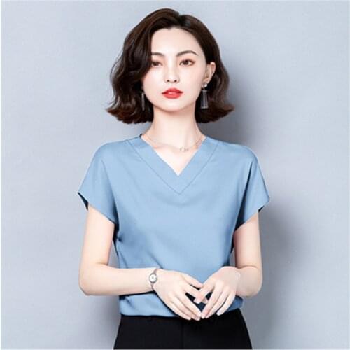 2021 Short Sleeve Casual Silk Satin Shirts Plus Size M-4XL Loose Office Lady Solid V-neck Blouse Women Summer Tops Clothes