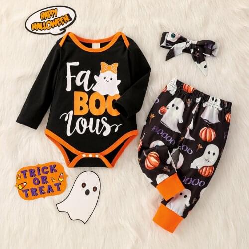 3Pcs Baby Kids Clothes Sets Autumn Infant Baby Boys Girls Halloween Cartoon Letter Romper Bodysuit+Pants Outfits Kid Costume