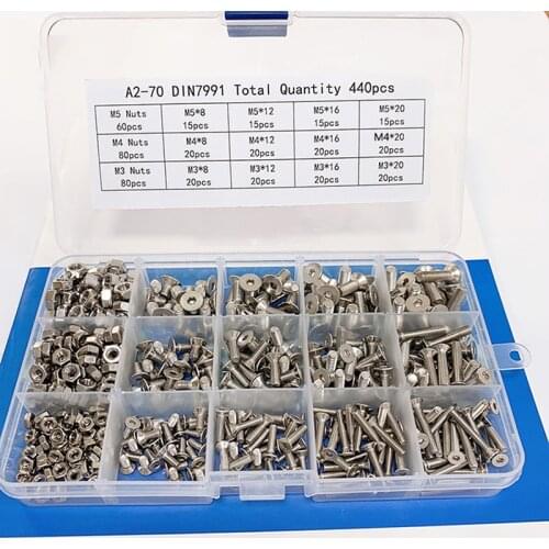 440PCS/Set M3 M4 M5 Hex Socket Head Cap Screws Assortment Kit Stainless Steel Hex Button Head Cap Machine Screws for Repair