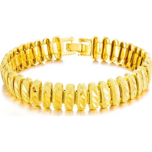 Charm Bracelet for Men and Women Yellow Gold Filled Oval Shaped Geometry Carved Link Chain Bracelet & Bangle