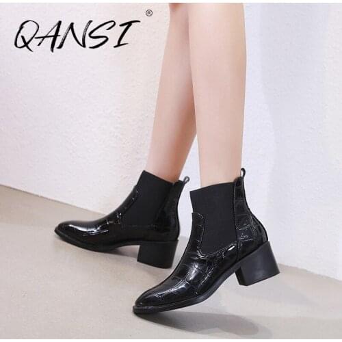 Black Patent Leather Womens Ankle Boots Fashion Plaid Low Heel Boots for Women Slip on Stretch Fabric Womens Boots Winter