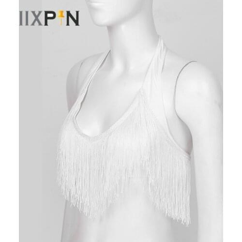 Women Halter Neck Tassel Short Tops Salsa Latin Tango Cha-Cha Rumba Ballroom Dance Bra Top Costume Stage Performance Wear Large