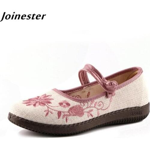 Ethnic Cotton Fabric Embroidered Women Flats Button Strap Retro Mom Shoes Breathable Mary Jane Dress Shoes chaussure femme