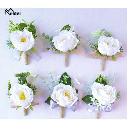 Meldel Artificial Roses Silk Groom Boutonniere Flower Wedding Corsages and Boutonnieres Bridesmaids Brooches Mariage Accessories