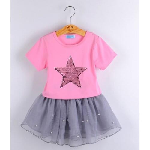 Girls Clothing Sets Summer Stars Pattern T-shirt + Beading Mesh Dress Suits Kids Party Costume 1-6Y