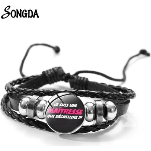 Fashion Quote Merci Maitresse Leather Bracelet Art Printed Crystal Glass Cabochon Snap Button Charm Bracelet Female Teacher Gift