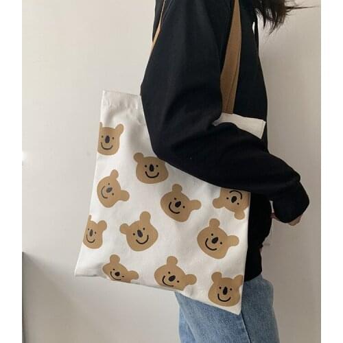 2020 New Canvas Shoulder Bag for Women Girl Cartoon Bear White Female Handbags Cloth Shopping Bags Ladies Tote Beach Shopper Bag