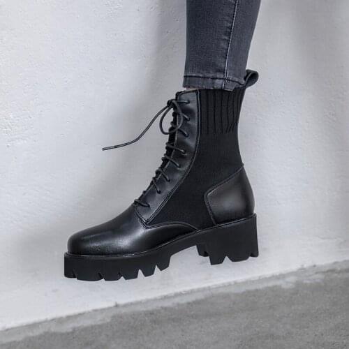 New thick-bottomed sponge cake booties leather boots with womens boots cross straps round head Martin boots black boots