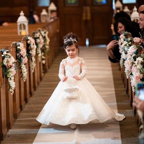 New Puffy Flower Girl Dresses For Weddings Illusion Lace Appliques Button Back With Bow Girls Pageant Dress Kids Communion Dress