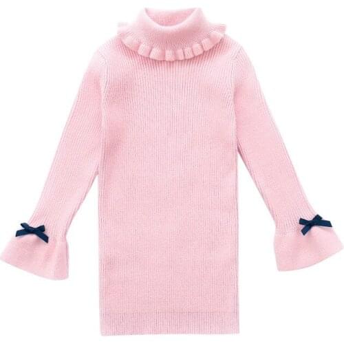 Girls autumn and winter long sweater dress girls lace high neck flared sleeve sweater girls slim sweater bottoming shirt