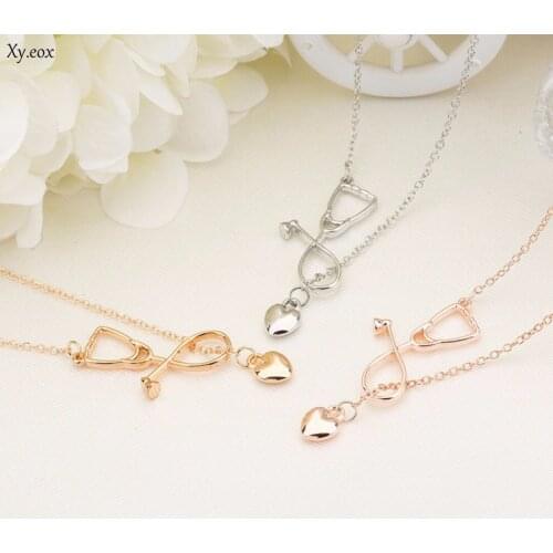 4 Colors Doctor Nurse Stethoscope Lariat Heart Pendant Chain Necklace Jewelry