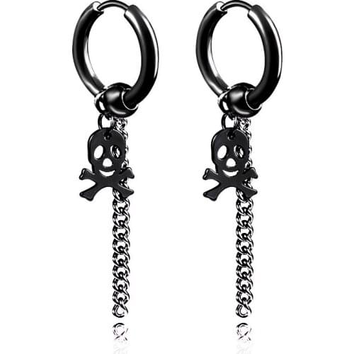 Punk Skeleton Chain Pendant Hoop Earrings For Men Trendy Stainless Steel Chain Tassels Earrings Jewelry Black/Steel Color