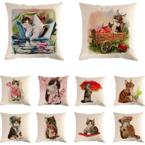 45*45cm Cute Cat Flower Pattern Cotton Linen Throw Pillow Cushion Cover Home Decoration Sofa Bed Decor Decorative Pillowcase