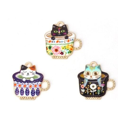 10PCs Zinc Based Alloy Charms Pendant Cup Cat Gold Color Multicolor Cute Cat Enamel DIY For Necklace Bracelet Making Findings